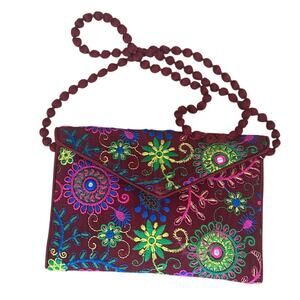 Boho Burgundy Embroidered Crossbody Bag 8x6x0 Envelope Zip Top Festival Vegan